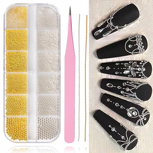 Auiremrti Nagel Zubehör Set Mit 5680 Nail Charms In Gold Und Silber,6 Verschiedene Größen,Edelstahlpinzette Und Nail Art Kaviar Perlen Für Kreatives 3D Design