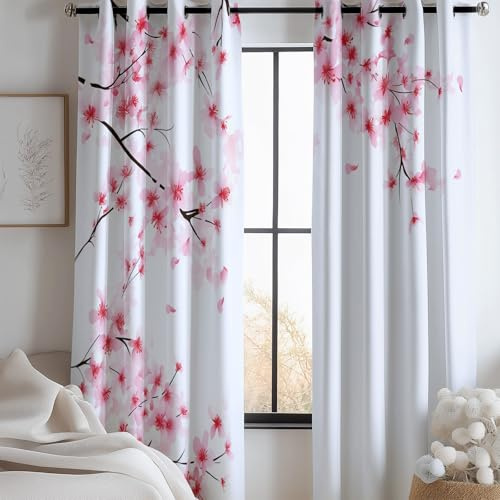 Tende oscurante Fiori Rami Di Ciliegio motivo Tende con occhielli decorativi moderno per soggiorno Camera da letto Bianco Stampa tende termiche 140L x 245A cm (2 Pannelli) Tende