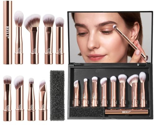 BEILI Pinceaux Maquillages 8 Pcs Set Pinceaux De Maquillage Portables à Double Extrémité Pour Fard à Paupières, Estompeur, Pinceaux à Lèvres Avec Boîte Miroir (Or Rose)
