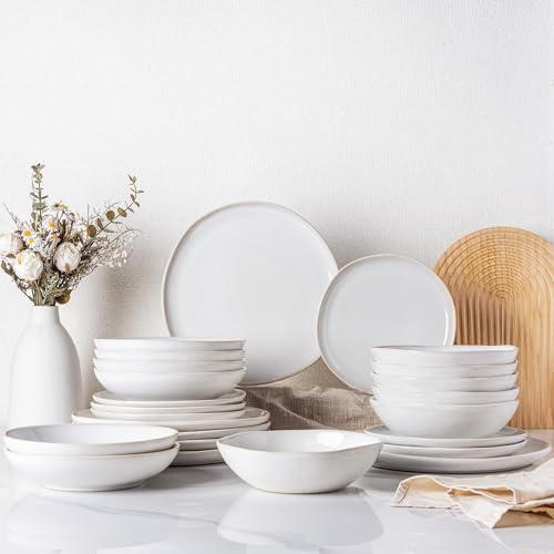 GBhome Stoneware Dinner Sets for 6 People, 24 Pieces Handcrafted Plates and Bowls Set, Scratch Resistant Dinnerware Set, Oven, Dishwasher & Microwave Safe Crockery Set, Beige