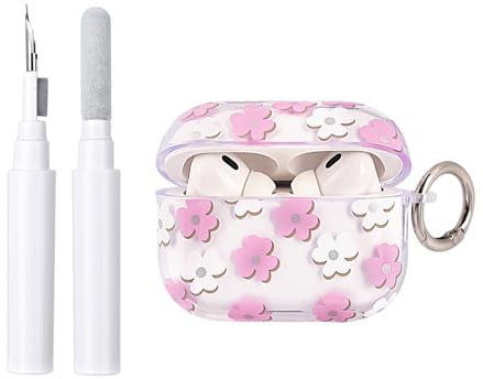 Reownest Cover per AirPods Pro/Pro 2 Generazione con Kit di Pulizia, Carina con Stampa Floreale Motivo Estetico a Fiori, Custodia Morbida Antiurto con Portachiavi -Rosa