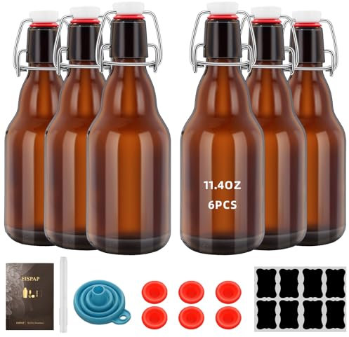 6Pcs Amber Beer Bottles with Flip Caps, 12oz Glass Bottle with Swinging Top for Airtight Lids, Home Brewing and Fermentation Kombucha, Vanilla Extract, Beverage, Water, Kefir