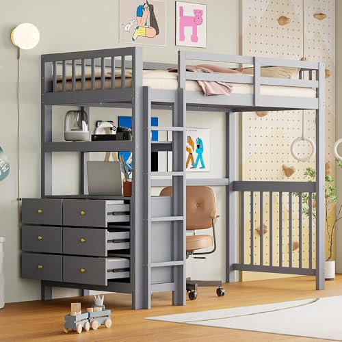 Idemon Hochbett 90 * 200cm, vertikale Sicherheitsleiter, Schubladen und Regale, hohes Zaundesign, Lattenrost, Bett aus Kiefernholz, Einzelbett aus Holz Grau
