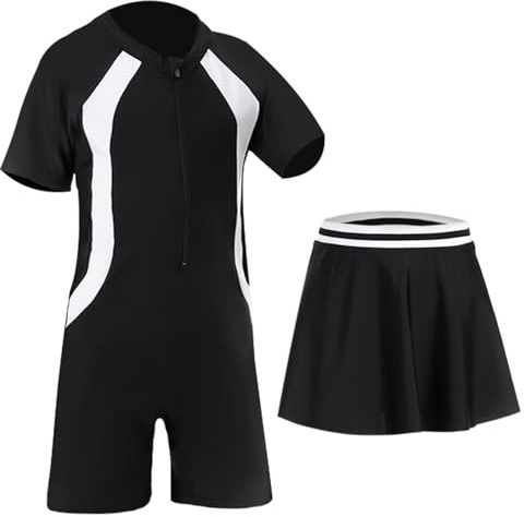 UoQo 2in1 Swimming Costume for Girls Short Sleeve One Piece Swim Suit with Skirt Quick Drying Kids Swimwear for Summer Swim Beach Water Sports (UK, Age, 10 Years, 12 Years, Regular, Black)
