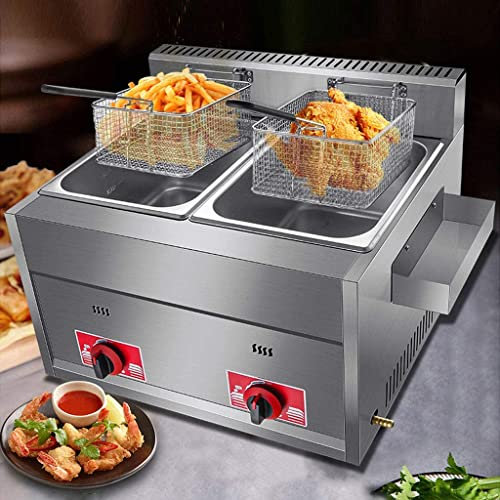 XSDAJSD Friggitrice Professionale a Gas da 20 Litri, Doppio cestello, Doppia Vasca, da banco, in Acciaio Inox Resistente, per ristoranti