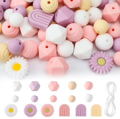 QGGTQG 110 Stück Blumenförmige Silikonperlen Gänseblümchen Bastelperlen | Rund Lose Silikonperlen 4 Farben mit Nylonseil für DIY Schlüsselanhänger, Halsketten, Armbänder (Rosa)