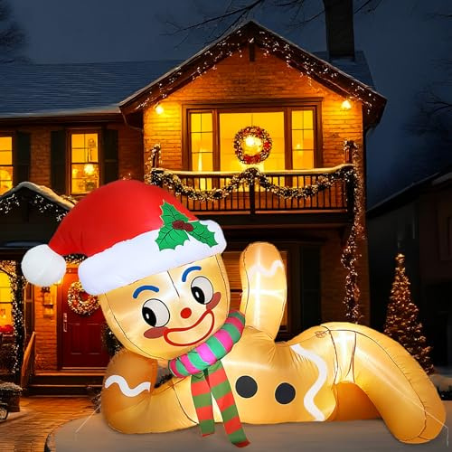 Fayavoo 300 cm Aufblasbare Weihnachtsdeko Außen, liegender Weihnachtsdeko Aufblasbar Aussen Lebkuchenmann mit Integrierten LED Lichtern, Weihnachten Aufblasbar für Garten Rasen Hof Party Deko