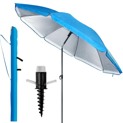 4smile Sunnyjoy Sonnenschirm Strand 3-IN-1 Set - Strandschirm windfest stabil, UPF 50+ Sonnenschirm Strand - Robuster Strandschirm mit Bodenhülse & Schutzhülle, Ø 180 cm, Fb. Blau