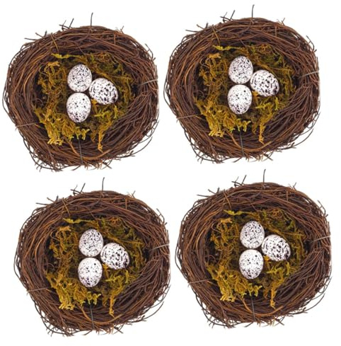 OUNONA Rattan Vogelnest mit Kunst Eiern als Deko Requisite | Schaumstoff Details, Leichtes 4 Stück, für Hauslandschaft und Osterdeko
