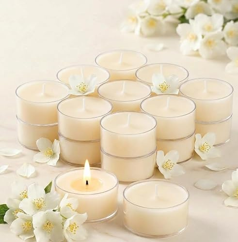 LETINE Jasmin Duftkerze Teelichter 14 Stück, 6 Stunden, 100% Palmwachs | Duftteelichter Weiß, Duftkerzen, Rauchfrei & Langanhaltend für Weihnachten, Hochzeiten, Wohndekoration und Meditation