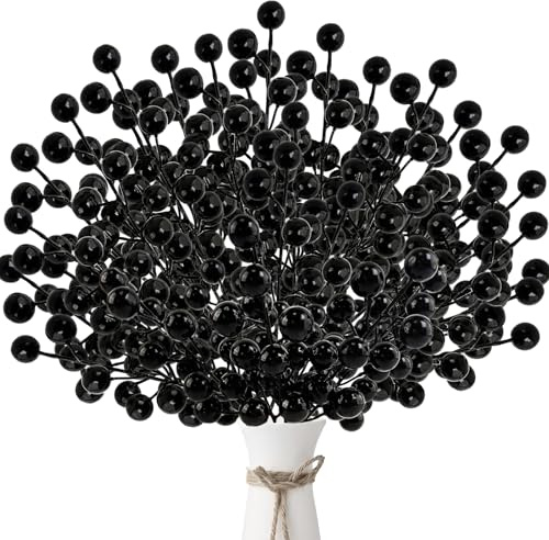 Morofme 40 Stück Künstliche Beerenzweige, Schwarz Stiele Beeren Deko Weihnachten 21cm, Stechpalmenbeeren für Kranz, Bastelarbeit, Halloween, Weihnachtsbaum, Geschenk, Zuhause, Szene Dekoration