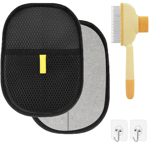 XXHUO Gant Et Brosses Anti Poils Animaux, 1 Paire De Gants Antistatiques + 1 Brosse pour Enlever Les Poils + 1 Brosse De Toilettage avec 2 Crochet À Ranger pour Chat Chien Poil Long Court