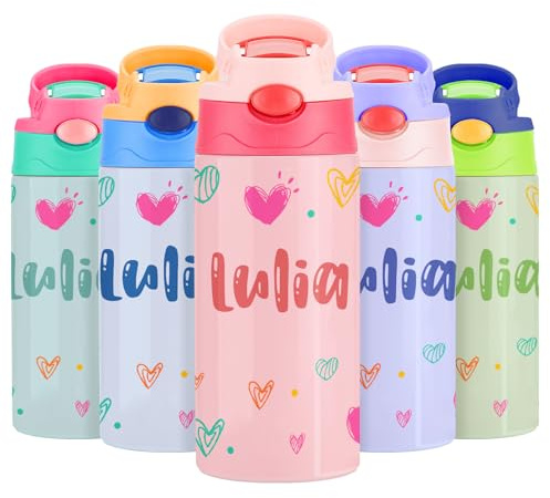 VEELU Personalisierte Trinkflasche für Kinder - Trinkflasche Kinder Edelstahl mit Namen 100% BPA Frei - Flasche Personalisiert mit Strohhalm für Schule & Kindergarten, Sport - Mehrfarbige 350ml