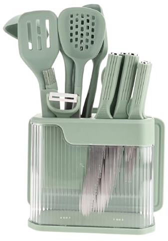 AVEKI Kitchen Utensil Set, 17 Pieces Non-Stick Silicone Cooking Utensil and Stainless Steel Knives Set with Holder, Heat Resistant Kitchen Gadgets Utensil Sets, Home Kitchenware Accessories (Green)
