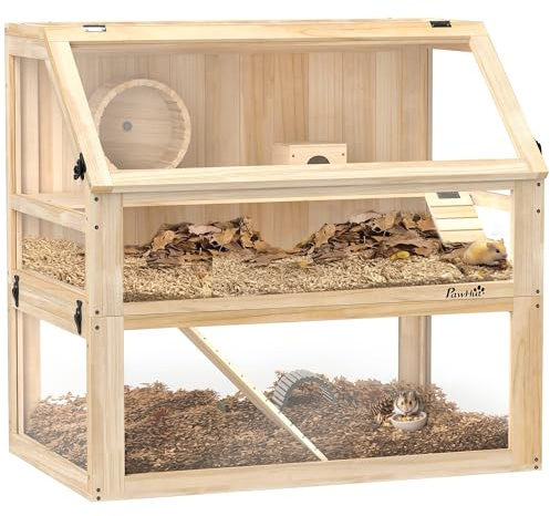 PawHut Wooden Hamster Cage, 3 Tier Small Gerbil Cage with Detachable 31cm Deep Bottom, Hut, Seesaw, Exercise Wheel, Ramps, Natural Wood Finish