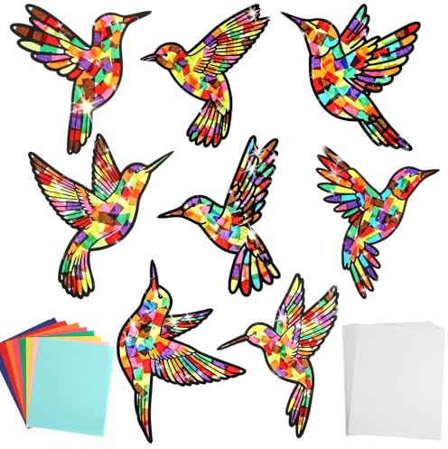 Marspark 32 Sets Summer Hummingbird Suncatcher Craft Kit Precut Paper with Hummingbird Designs Includes 32 Frames, 32 Sheets of Colored Tissue Paper