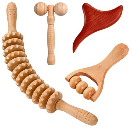 4 Stück Faszienrolle Holz Set, Faszienstab + Massagestäbchen Triggerpunkt Holz Therapie Massageroller Faszienrolle Beine Massage Roller Tool Trigger mit Griff