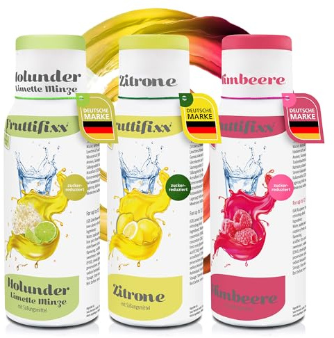 Sodafixx 3er Set Fruttifixx Getränke Sirup - Bar-Bundle: Holunder Limette Minze, Zitrone Light, Himbeere für Mixgetränke - Fruchtsirup 12L Fertiggetränk zuckerreduziert - Wasser mit Geschmack