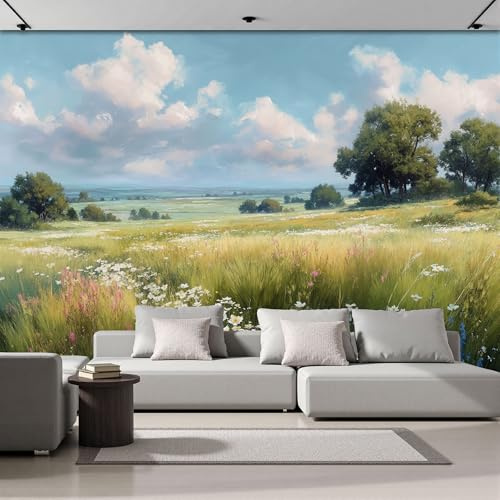 ANALTIRCE Countryside Flowers Wallpaper for Living Room, Wildflower Meadow Murals for Bedrooms, 300 x 210 cm Non-Woven Wall Art, Green Photo Wallpaper 3D Effect Wallpapers for Wall Covering