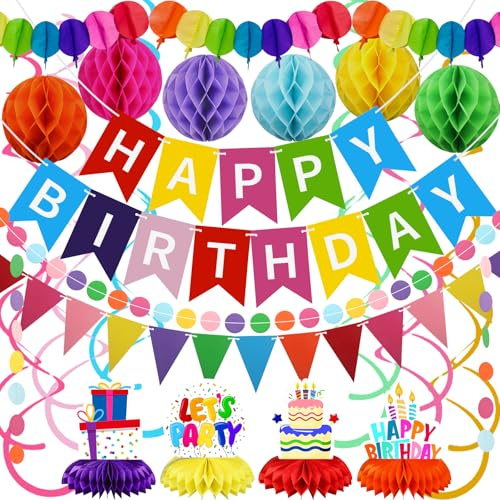 Birthday Decorations Kit, Happy Birthday Banner with Table Centerpieces, Colorful Paper Flag Garland, Hanging Swirl Streamers & Honeycomb Balls for All Birthday Party Decorations