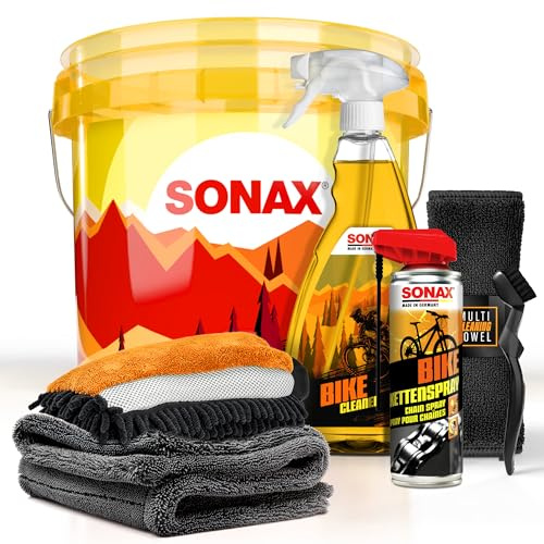 Rengöringsset för cykel | Sonax Bike Cleaner cykelrengöring 1 l kedjespray kedjeborste tvätthink tvätthandske torr handduk | cykelvårdsset | rengöringsset för elcykel mountainbike vägcykel