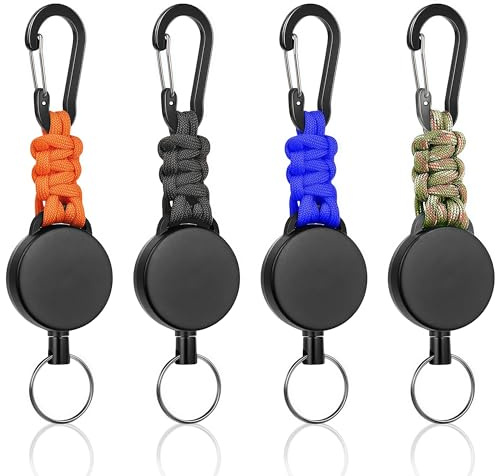 4 PCS llaveros Extensibles Retráctil, Cordón Extensible con cuerda de acero extensible de 60 cm, Llavero Retráctil, Mosquetón para Soporte de Tarjeta ID