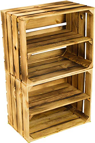 Kistenkolli Altes Land Flambé/Flamed MASSIVE FRUIT BOX AS SHELF OR AS Classic Box CA 49 x 42 x 31 cm/Apple Boxes Wine Boxes from the Old Country - nature, 2 Stück geflammte mit Einlage