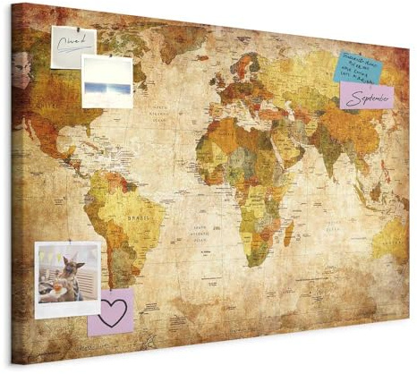 murando - Mapamundi con Tablero para Clavar chinchetas 120x80 cm - Cuadro en Lienzo sintético - 1 Parte - Panel de Fibra - Mapa del Mundo Continente - Viajes geografia Vintage k-B-0051-v-a