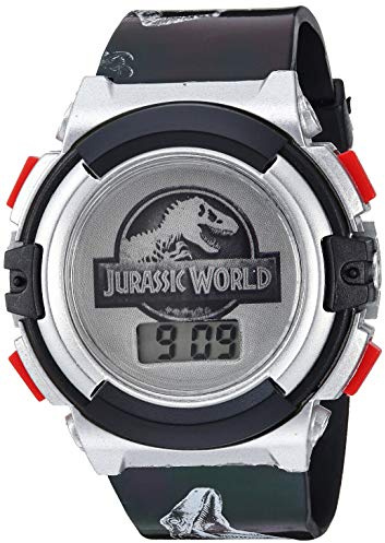 Accutime Kids Jurassic Park Digital LCD Quartz Silver & Black Wrist Watch with Dinosaur Logo Face & Black Band, Cool Inexpensive Gift & Party Favor for Toddlers, Boys, Girls, Adults (Model: JRW4004)