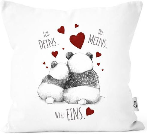 MoonWorks® Kissenbezug Kissenhülle Panda Motiv Spruch Ich Deins Du Meins Wir Eins Liebes-Geschenk Partner Liebesbeweis Weiss Unisize