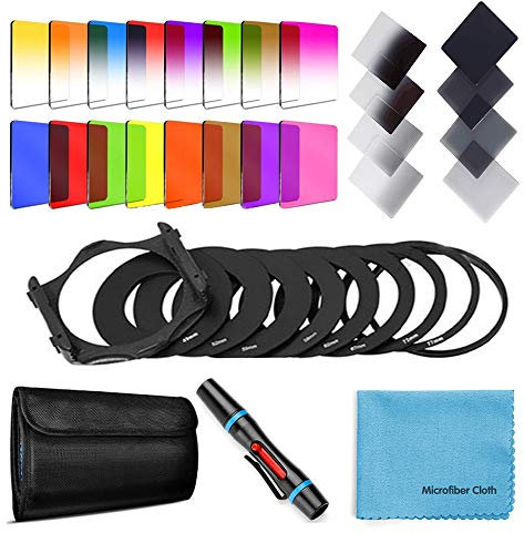 Fotover 24 PCS Square Filter Kit ND Filters Graduated Full Color Lens Filter Set for Cokin P Series with Adapter Rings(49-82mm) Filter Holder Lens Cleaning Pen and Other Accessories for DSLR Cameras