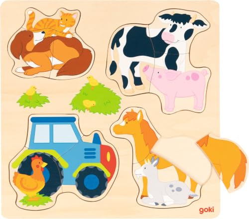 goki 57430 - Einlegepuzzle Bauernhoftiere aus Holz - 12 Teile