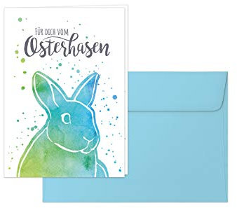 Osterkarten, Grußkartenset „Für dich vom Osterhasen“ – 10 Klappkarten im Aquarell-Stil mit hellblauen Umschlägen, Design: Osterhase