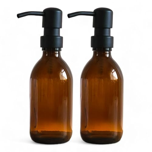 Avalon Amber Glass Soap Dispenser Bottles with Matt Black Metal Pumps (BPA-Free) Lotion Pump/Soap Dispensers – Reusable Refillable Eco friendly, Sustainable Living/Gift - Pack of 2 (250ml)