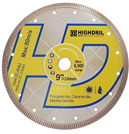 HIGHDRIL Superdünne Diamantklinge,Durchmesser 230mm Trocken- oder Nass-Diamant-Fliesenklinge mit X-Mesh-Rim Angel Grinder Disc zum Schneiden von Porzellan,Keramik,Terrakotta,Granit,Marmor