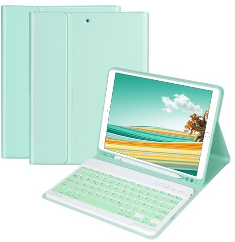 Tastatur Hülle 10.2 Zoll für IPad 9th Gen 2021/8th Gen 2020/7th Gen 2019/IPad Air 3 Gen 2019/IPad Pro 10.5 2017, Magnetisch Bluetooth Abnehmbare QWERTZ Deutscher Tastatur mit Schützhülle(Minzgrün)