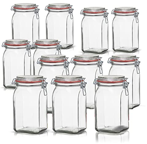 BigDean 12 Vorratsgläser 1,1L Einmachgläser mit Deckel & Bügelverschluss | Drahtbügelgläser zum luftdichten Aufbewahren, Einlegen & Einkochen - Glas, eckig - Made in Germany