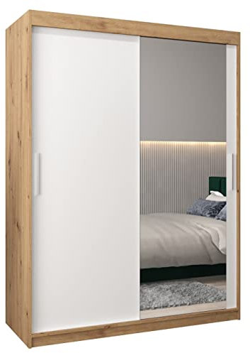 MEBLE KRYSPOL Kleiderschrank mit Spiegel Tokyo 2 - Garderobenschrank - Schrank Schlafzimmer - Mehrzweckschrank Zwei Schiebetüren - Regalen - Flur Möbel - Kleiderstange Schrank - Allzweckschrank