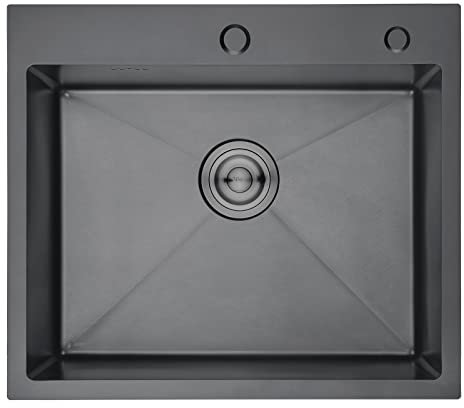 Ibergrif M85545B, Lavello Cucina 1 Vasca con Set di Drenaggio, Lavabo Cucina con 2 Fori, 55 x 45 cm, Acciaio Inox, Nero