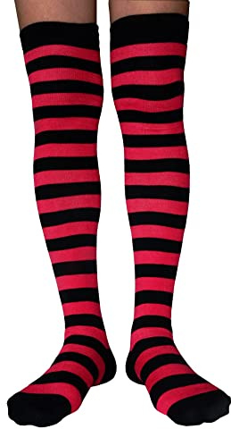 AUSUAYA Women Striped Over Knee Stockings, Cotton Thigh High Tube Long Stocks For Cosplay/Goth/Christmas Party GB-LW-3 (Black and Burgundy Striped)