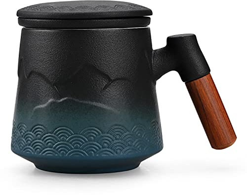 NCQIXIAO Tekopp med infusionsanordning och lock, graderat berg och spray temugg koppar med infusion, trähandtag keramisk kaffemugg med lock te 430 ml (14 oz) (tonad blå)
