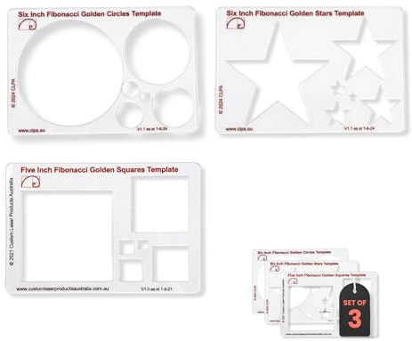 CLPA Fibonacci 3-teiliges Schablonenset – 15 cm Kreis, Stern und Quadrat | Zeichenwerkzeuge nach dem Goldenen Schnitt | Fibonacci-Schablonen für Kunst, Quilten und technische Zeichnungen