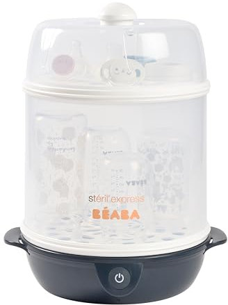 BÉABA, Stérilisateur Biberons 2 en 1, Evolutif, Électrique à Vapeur, 2 en 1, 2 Compartiments, Jusqu'à 8 biberons & Accessoires, Ultra rapide, Minuterie, Stéril'Express, Night Blue