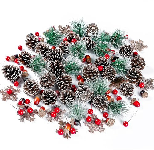 Sggvecsy 120 Pcs Artificial Pine Cones Pine Needles Artificial Red Holly Berries Natural Wooden Snowflake Christmas Wreath Accessories for DIY Christmas Garland Wreath Holiday Decoration