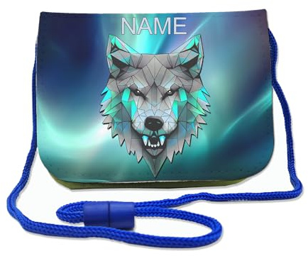 Maus-Design Kinder Brustbeutel mit Name, Wolf | Schriftartwahl, Klettverschluss, Schnur zum Umhängen, Klarsichtfach, Personalisiert