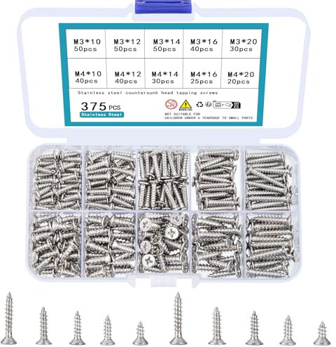 TOOINKCV 375 Stück M3 M4 Selbstschneidende Schraubensortiment, Flachkopf Kreuzschlitzschrauben Set, Kreuzschlitz Flachkopf Blechschrauben Kit für Kunststoff Holz Weichmetall