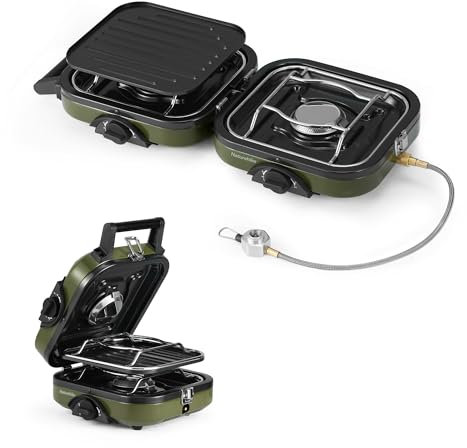 Naturehike 2 Burner Folding Camping Stove with Griddle, Portable Camp Isobutane Gas Stove with 16000 BTU Adjustable Burners & Piezo Ignition