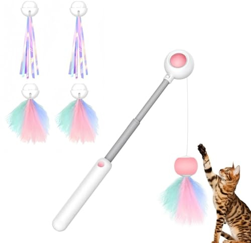 Katzenspielzeug Interaktiv Rosa Skalierbar Stangen Katzenangel Stabil Kätzchen Zauberstab Cat Toys Neckstab mit Feder Langer Quaste mit 4 Ersatzköpfe für Kleine Große Katzen