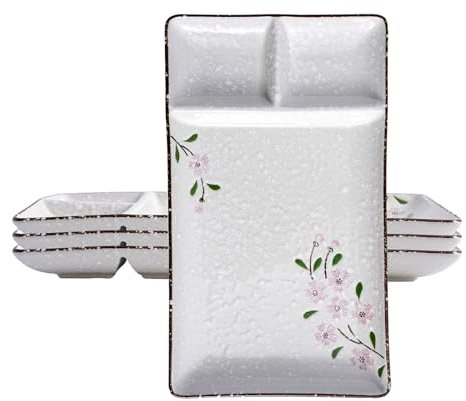 DealbyBox 3 Compartment Divided Plates 9.35 Inch Ceramic Rectanglular Serving Tray with Sauce Dishes (4Pack, Pink Sakura), Medium