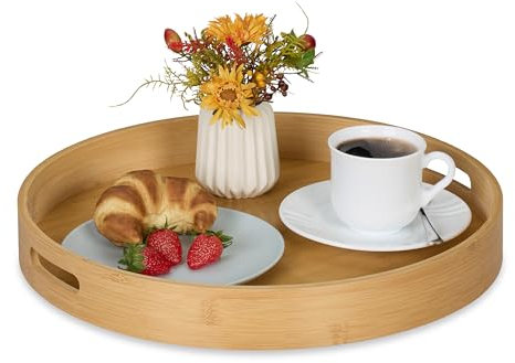 Relaxdays Tablett, Bambus, MDF, H x D: 5 x 40 cm, Serviertablett mit Griffen, hoher Rand, rundes Küchentablett, Natur